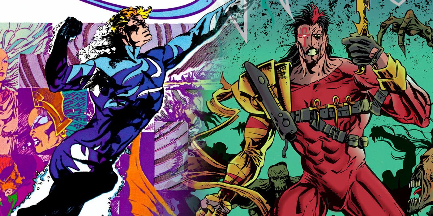 Aquaman and Fate in their failed redesigned costumes split image