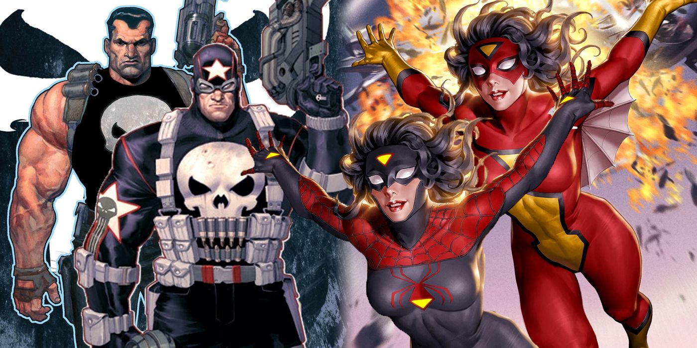 Punisher and Spider-Woman in their original and redesign costumes collage