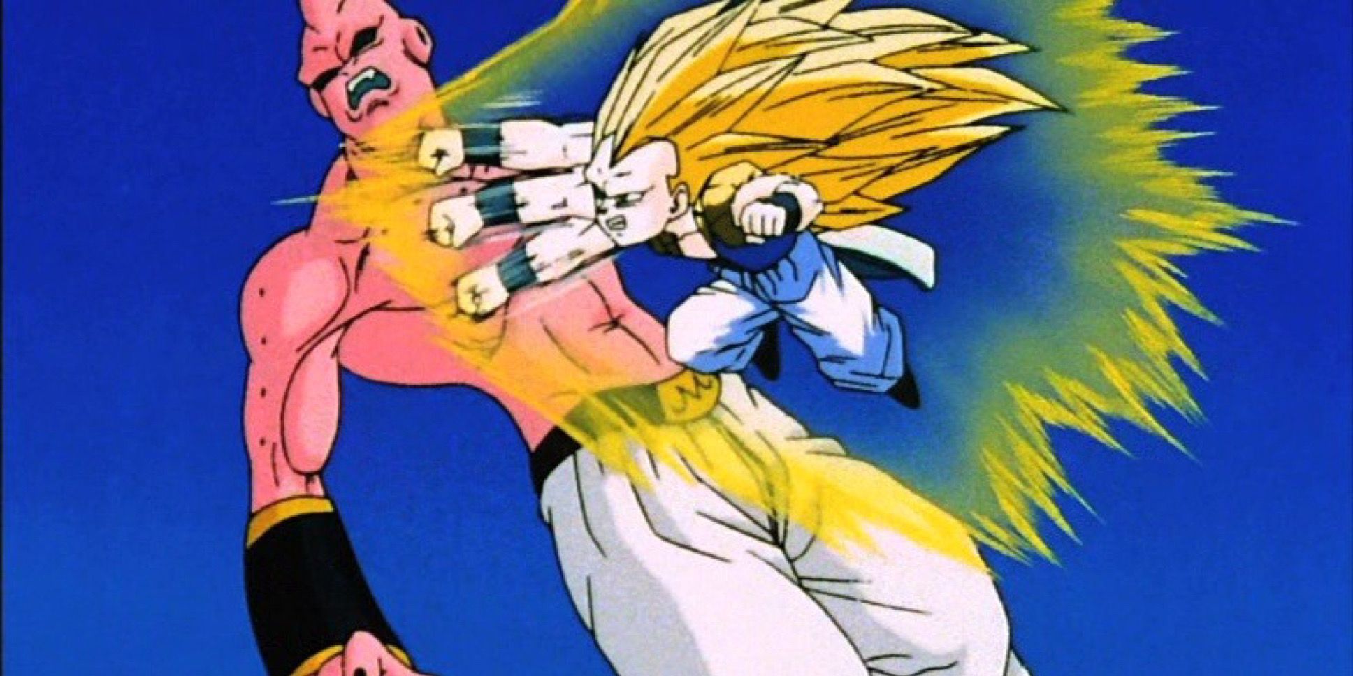 Super Saiyan 3 Gotenks dá um soco em Super Buu em Dragon Ball Z.