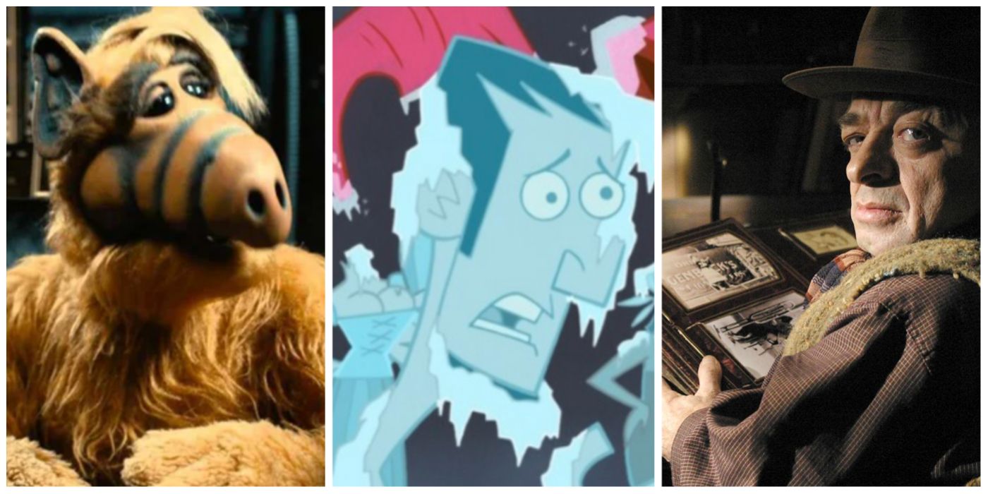 A split image of ALF from ALF, Abe from Clone High, and Samson from Carnivale