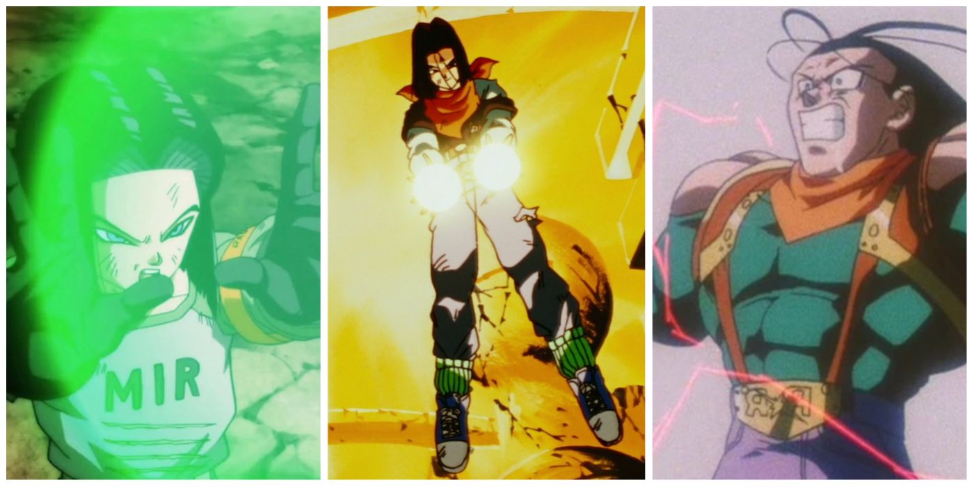A split image of Android 17 in Tournament of Power, Future Timeline, and as Super 17 in Dragon Ball
