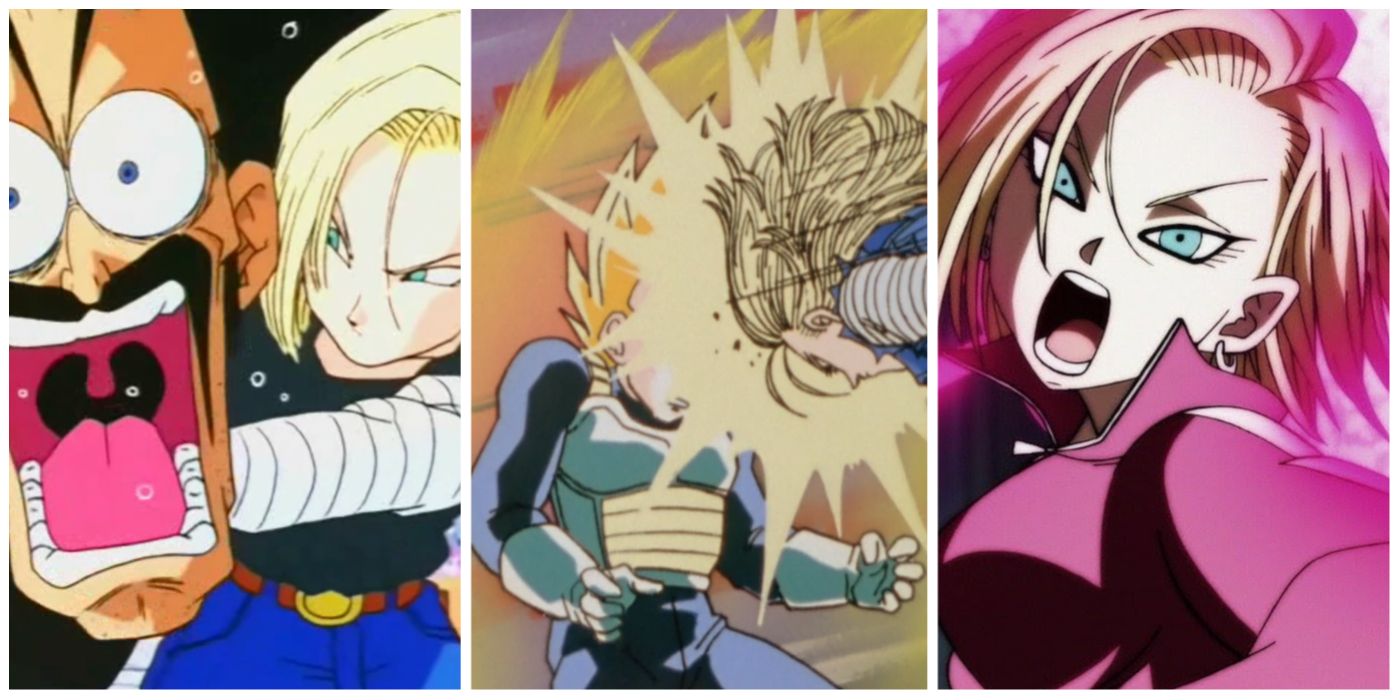 A split image of Android 18 taunting Hercule, beating Vegeta, and fighting in Dragon Ball