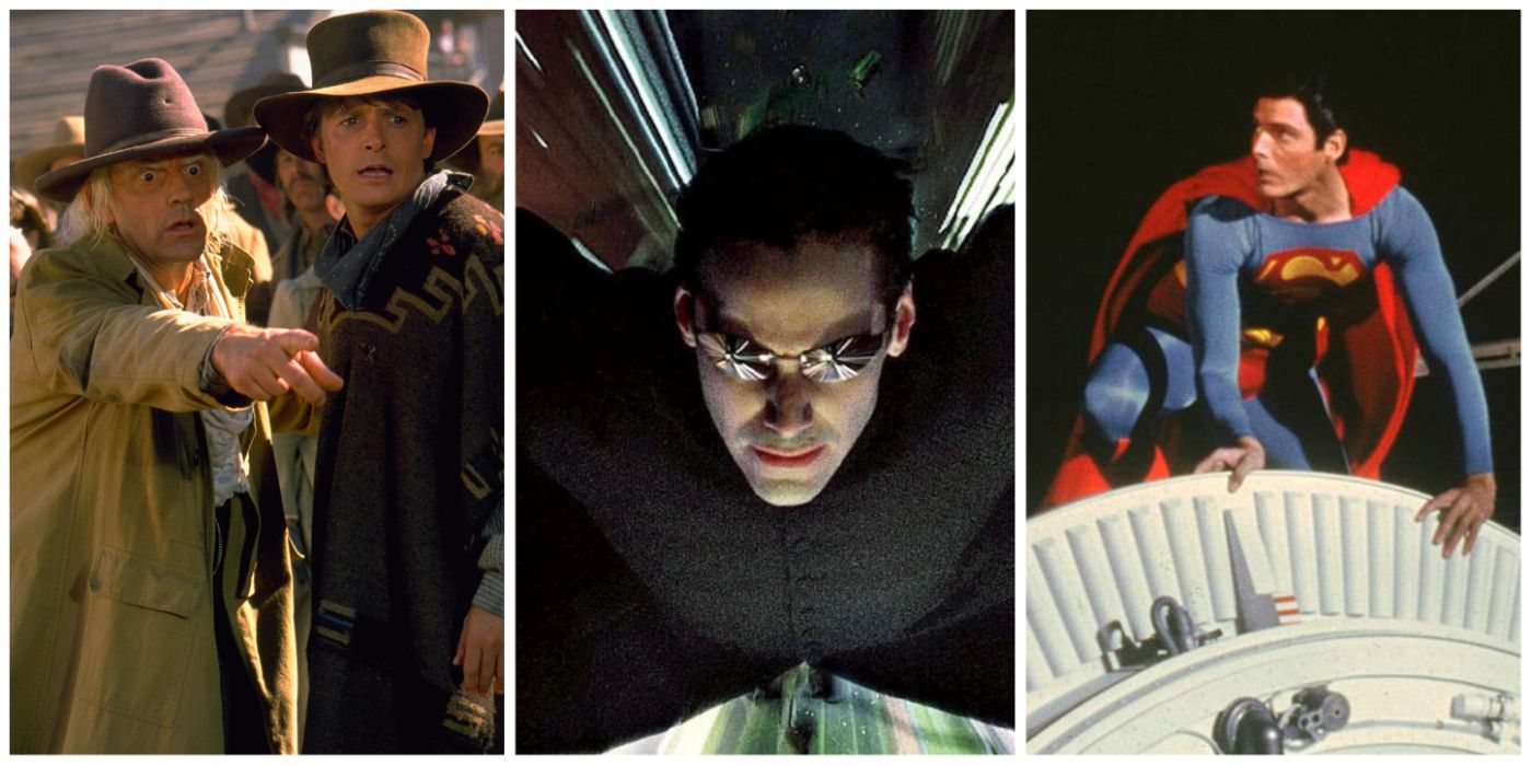 A split image of Back to the Future Part III, Matrix Revolutions, and Superman IV