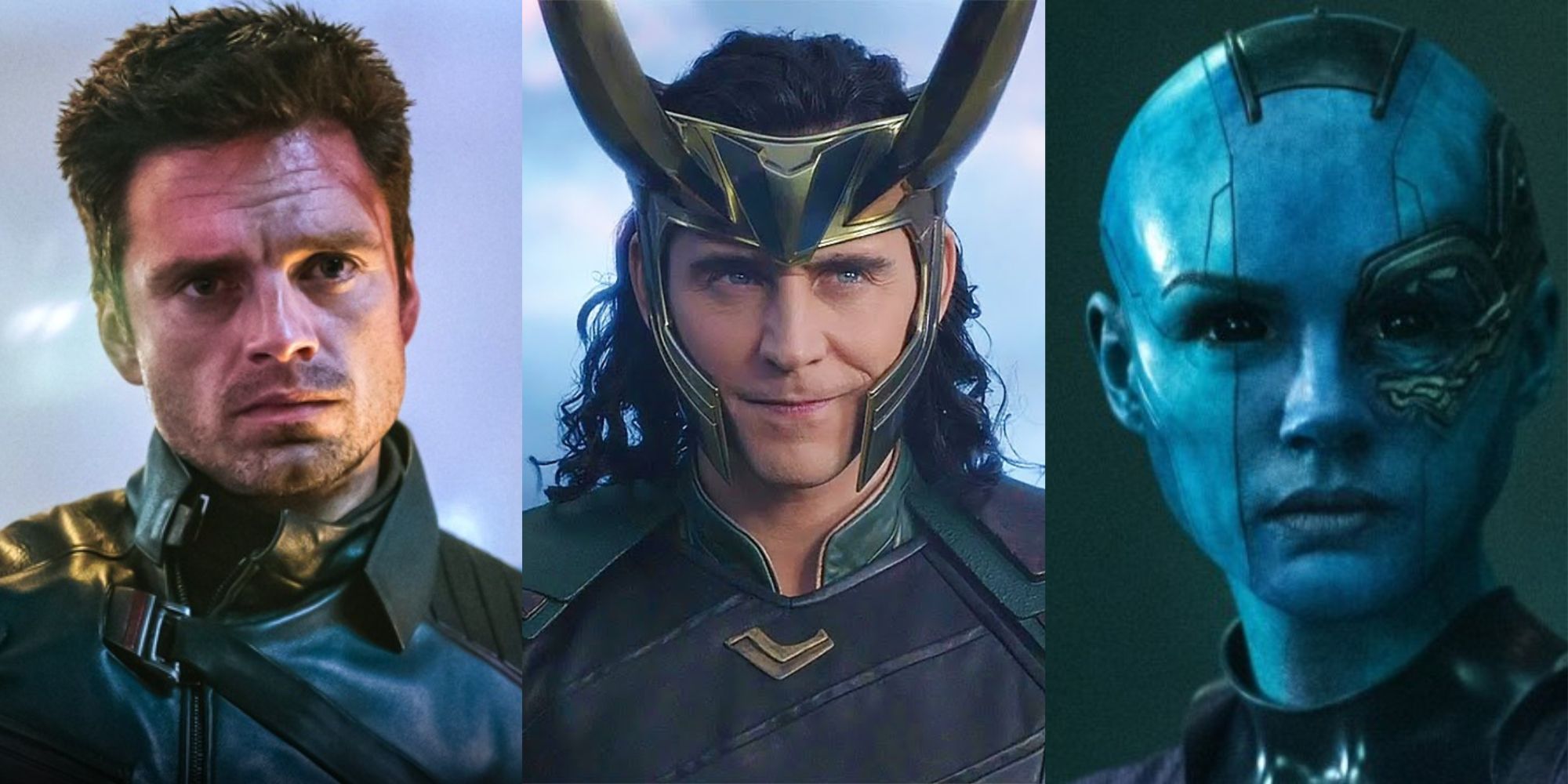 A split image of Bucky Barnes, Loki, and Nebula looking ahead in the MCU