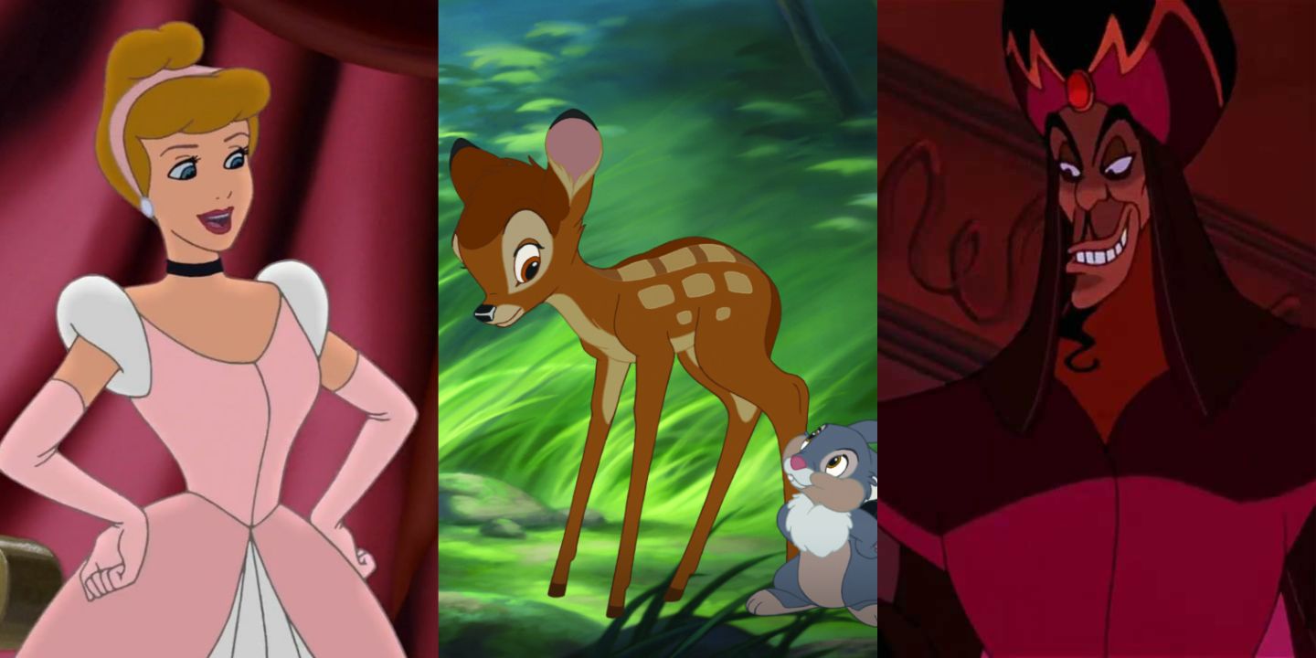 A split image of Cinderella in Dreams Come True, Bambi and Thumper in Bambi 2, and Jafar in Return of Jafar