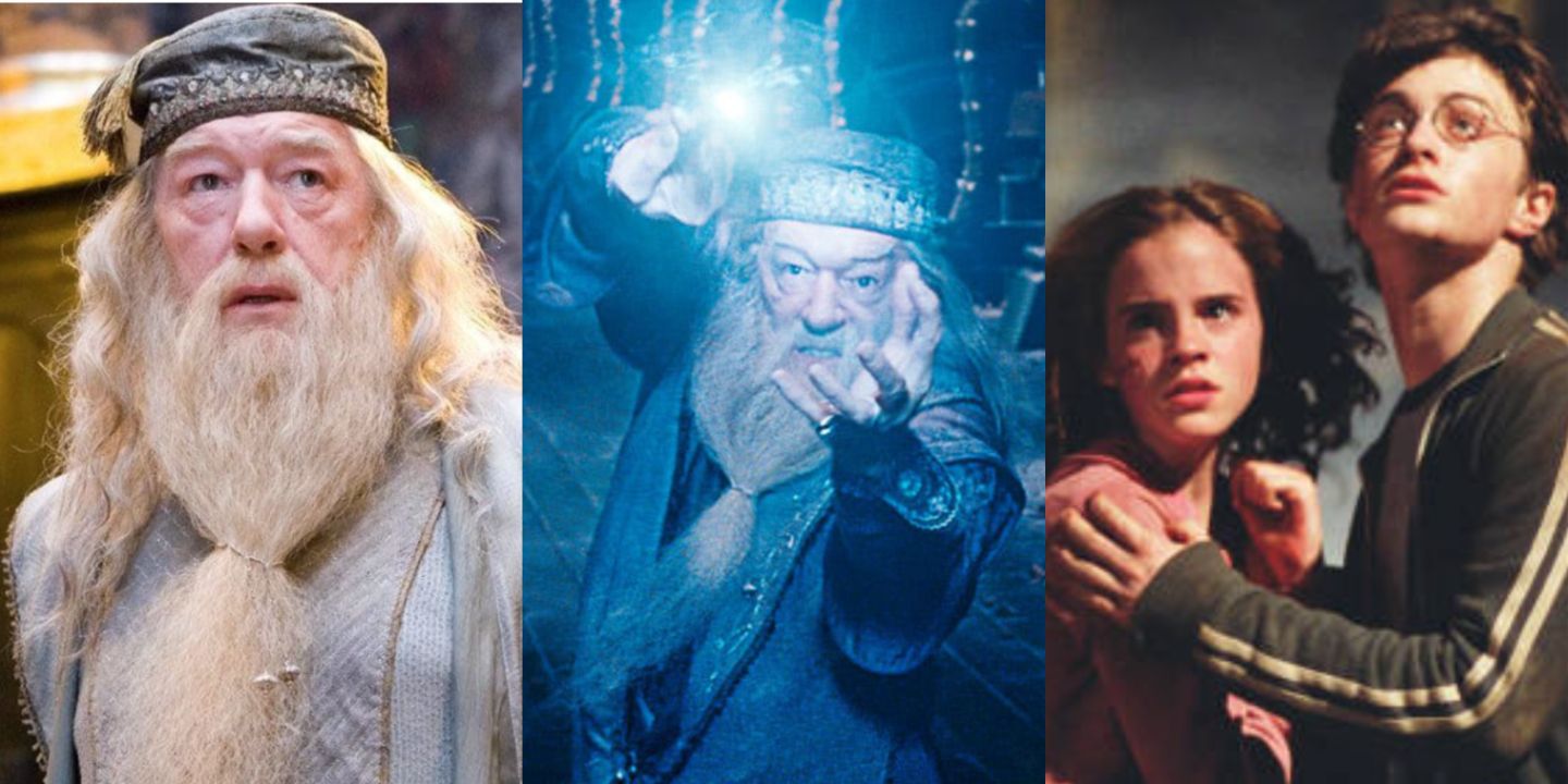 A split image of Dumbledore, Hermione Granger, and Harry in Harry Potter