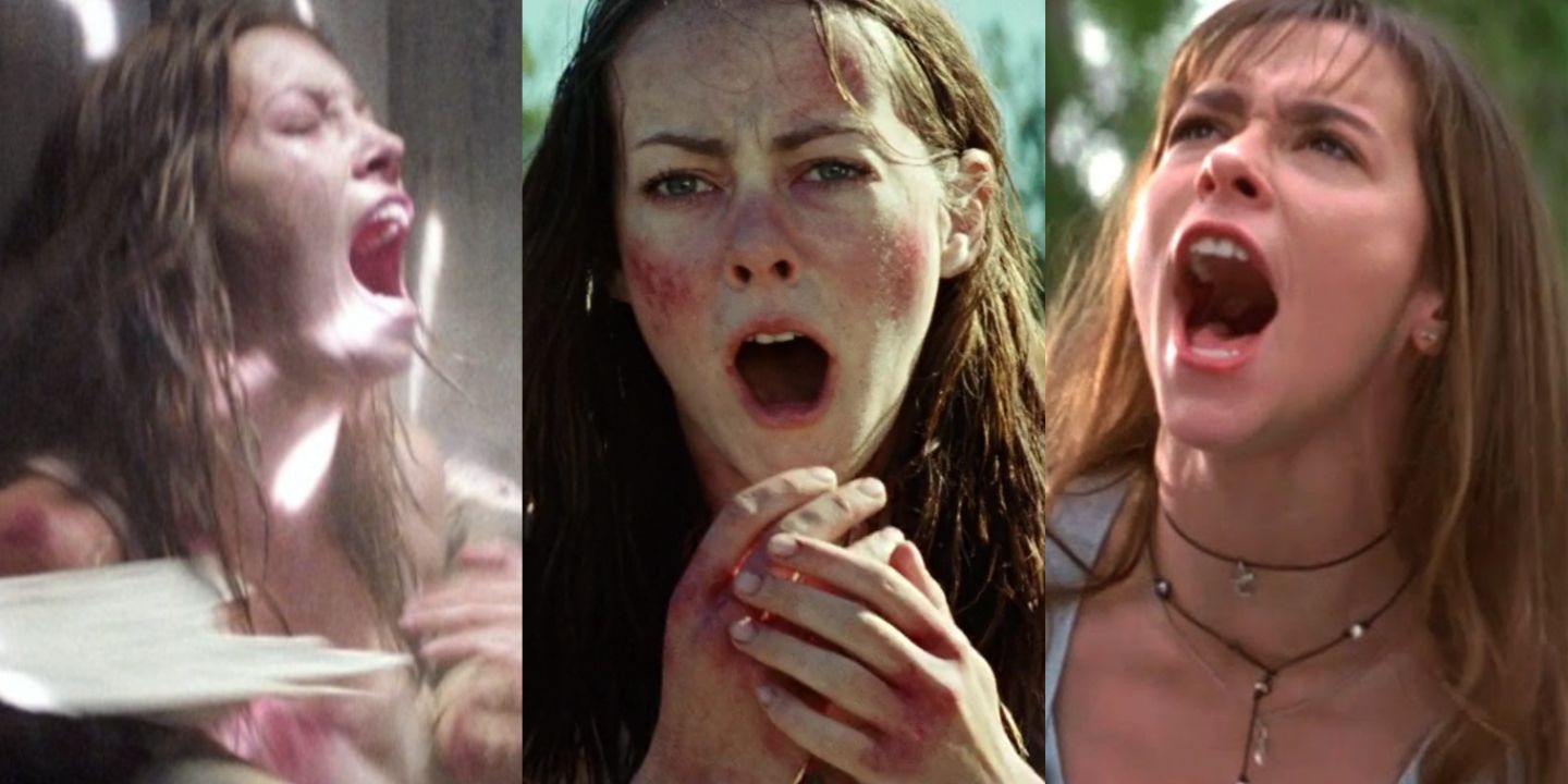 A split image of Erin in The Texas Chainsaw Massacre, Amy in The Ruins, and Julie in I Know What You Did Last Summer