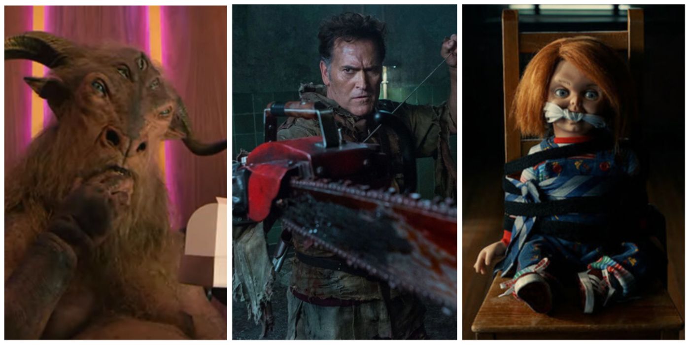 A split image of Evil's Demon, Ash from Ash Vs the Evil Dead, and Chucky from Chucky