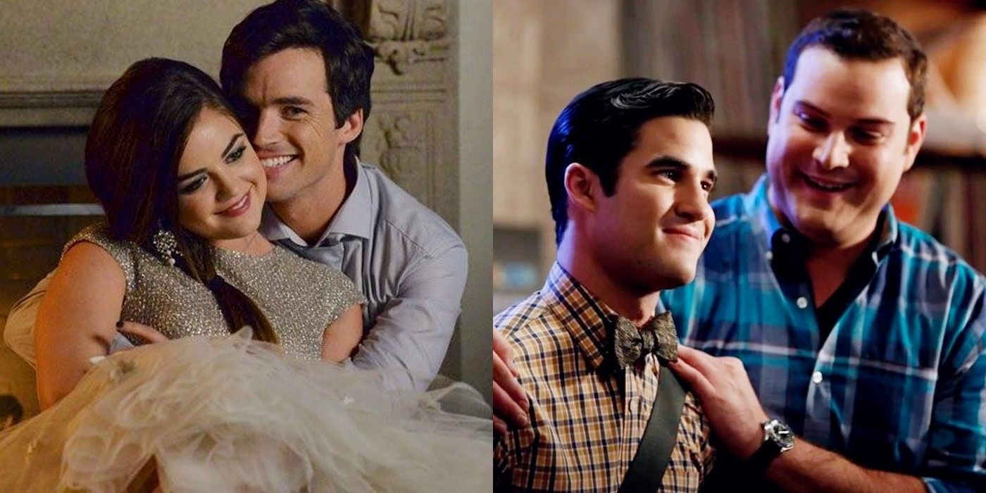 A split image of Ezra and Aria from Pretty Little Liars, and Blaine and Karofsky from Glee