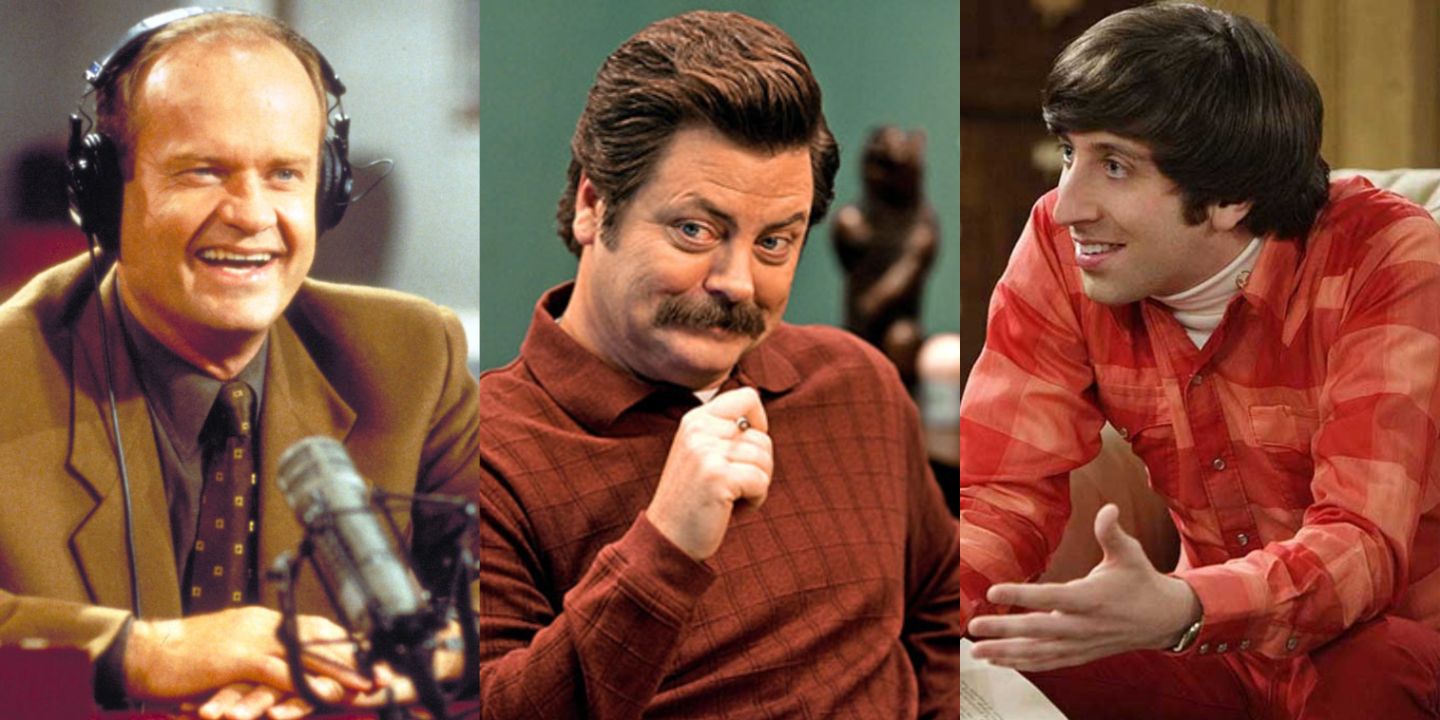A split image of Frasier from Frasier, Ron Swanson from Parks And Recreation, and Howard from The Big Bang Theory
