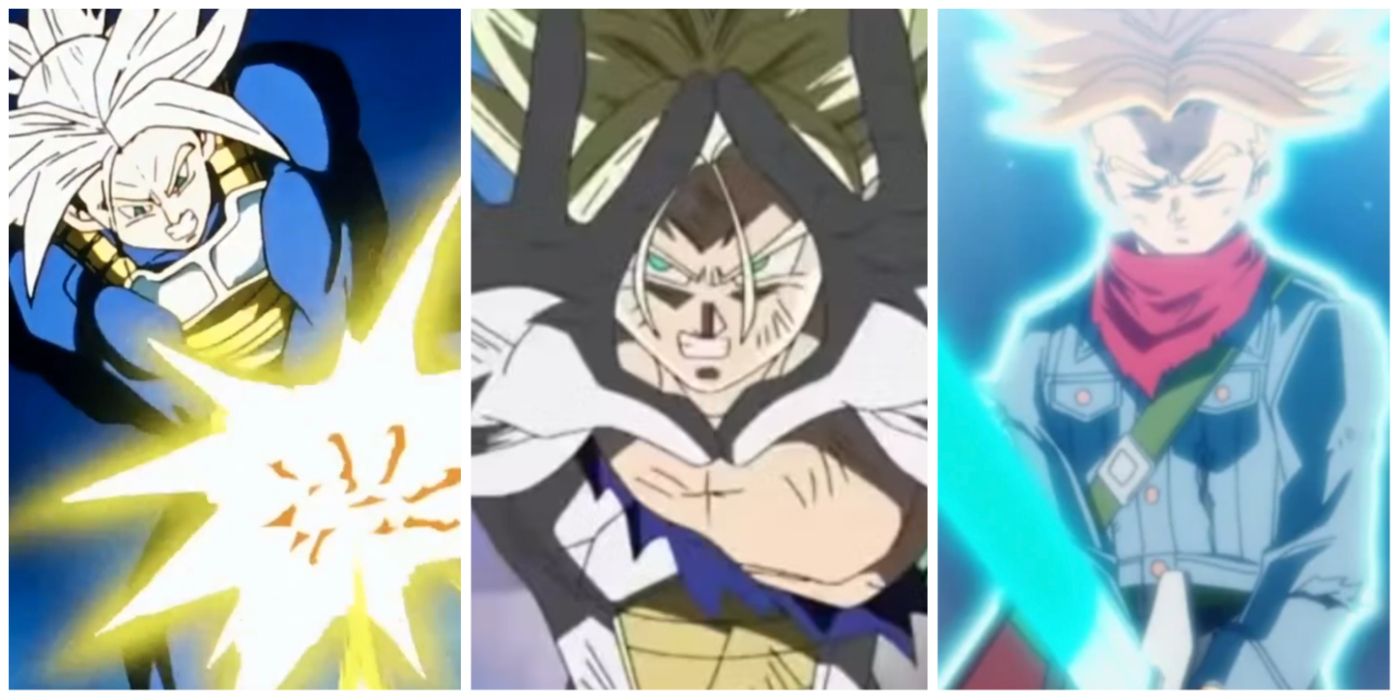 A split image of Future Trunks Cannon Buster, Burning Attack, and Sword of Hope from Dragon Ball