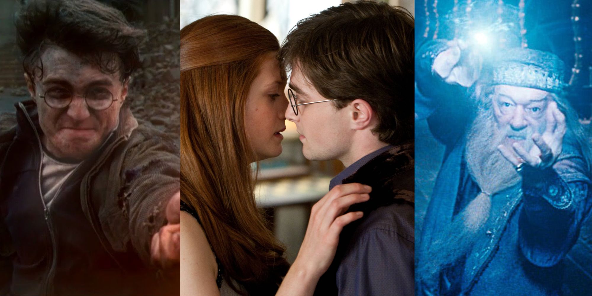 A split image of Harry, Ginny and Harry, and Dumbledore in Harry Potter