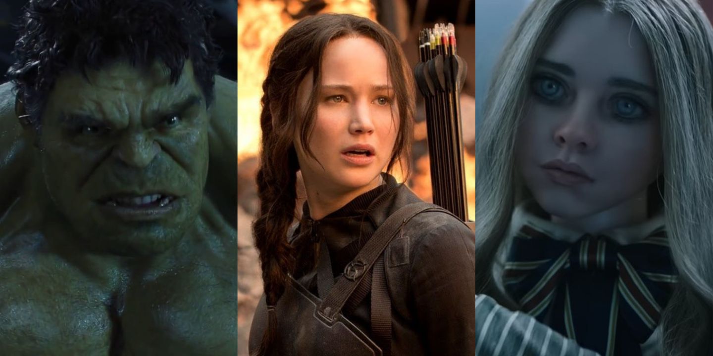 A split image of Hulk in The Avengers, Katniss in The Hunger Games, and M3GAN doll in M3GAN