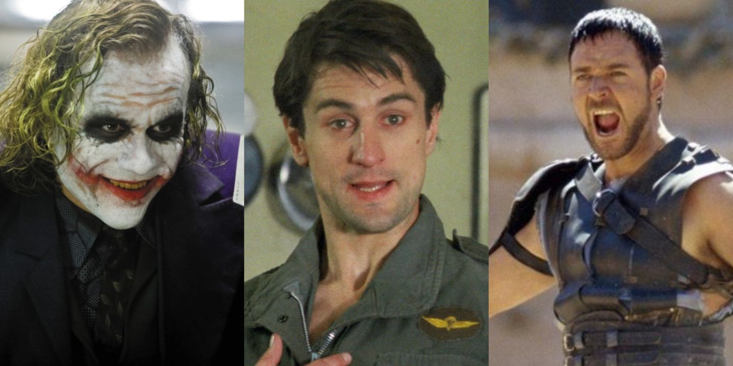 A split image of Joker in The Dark Knight, Travis in Taxi Driver, and Maximus in Gladiator