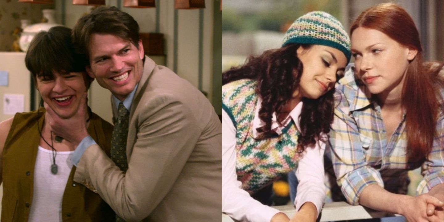 A split image of Kelso and his son in That '90s Show, and Donna and Jackie in That '70s Show