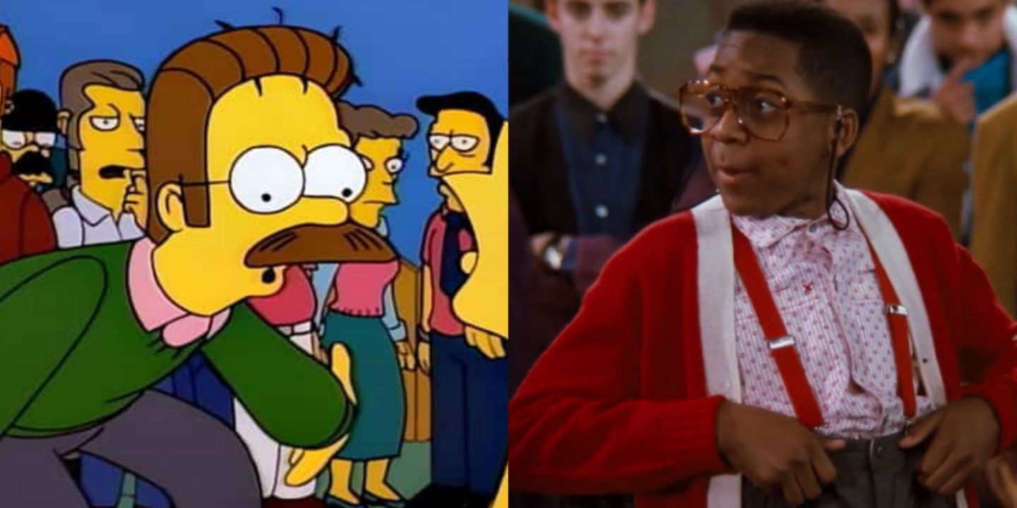 A split image of Ned Flanders from The Simpsons and Steve Urkel in Family Matters