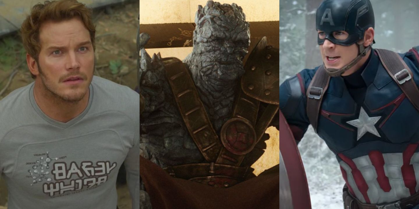 A split image of Peter Quill in Guardians of the Galay vol 2, Korg in Thor: Ragnorak, and Captain America in Avengers: Age of Ultron