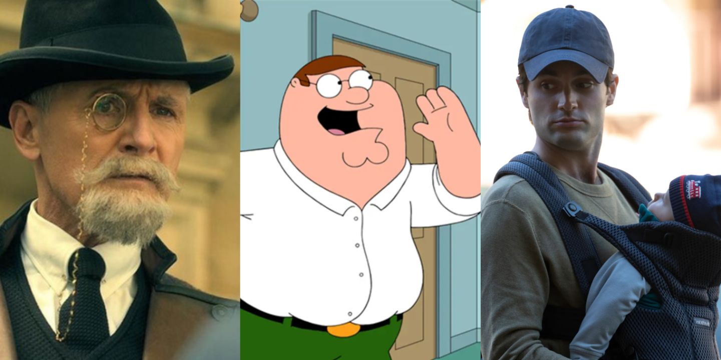 A split image of Reginald Hargreeves in The Umbrella Academy, Peter Griffin in Family Guy, and Joe in You
