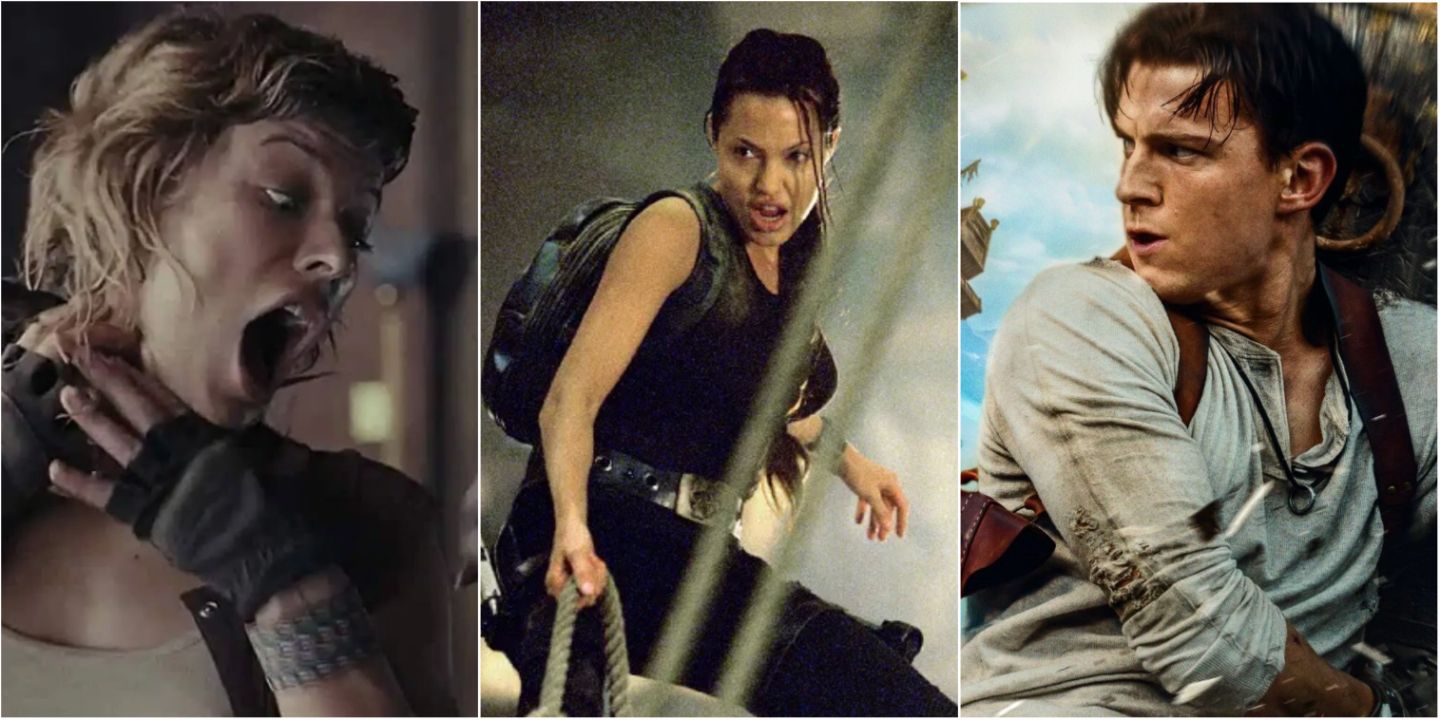 A split image of Resident Evil: Extinction, Lara Croft: Tomb Raider, and Uncharted