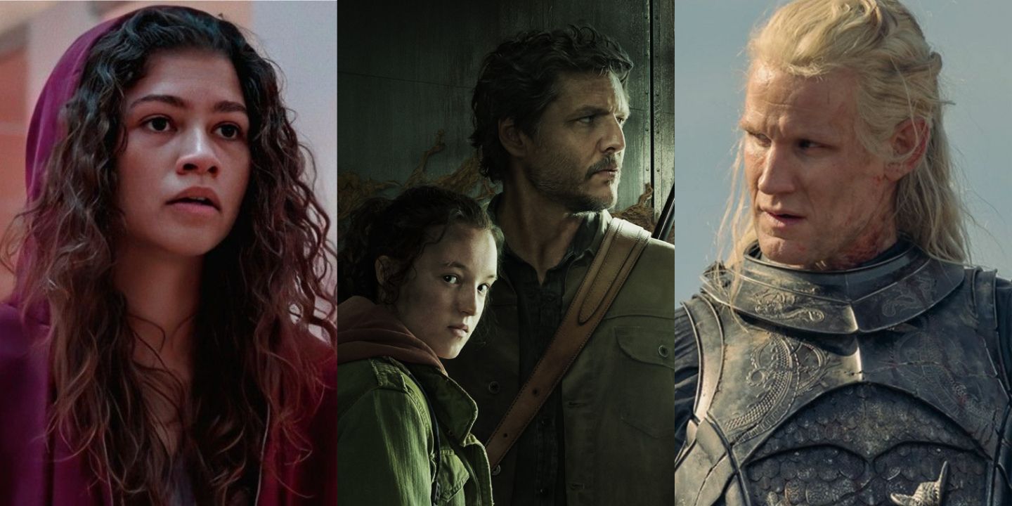 A split image of Rue in Euphoria, Ellie and Joel in HBO's The Last Of Us, and Daemon Targaryen in House of the Dragon