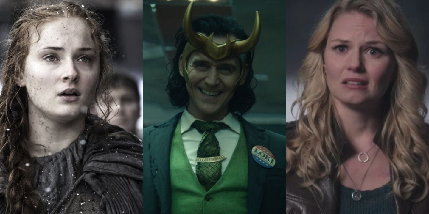 A split image of Sansa Stark in Game of Thrones, Loki, and Emma Swan in Once upon a Time