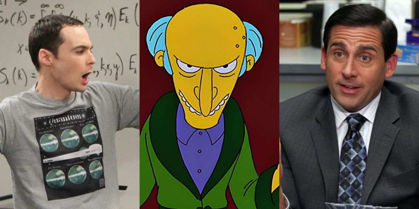 A split image of Sheldon in The Big Bang Theory, Mr. Burns in The Simpsons, and Michael Scott in The Office