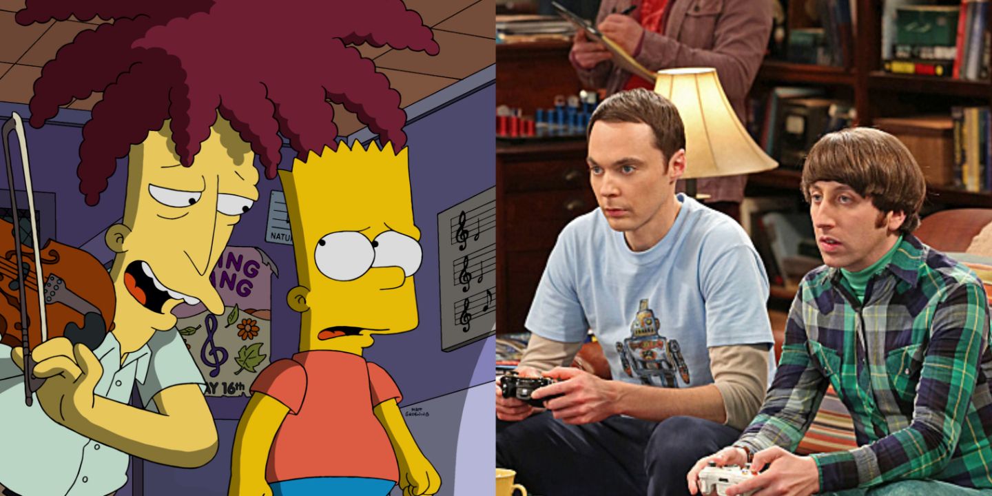 A split image of Sideshow Bob and Bart in The Simpsons, and Howard and Sheldon in The Big Bang Theory