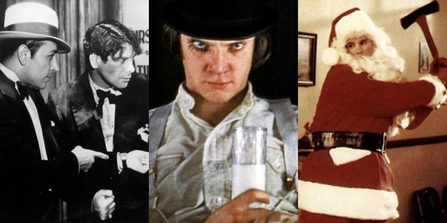 A split image of stills from 1932's Scarface, A Clockwork Orange, and Silent Night, Deadly Night 