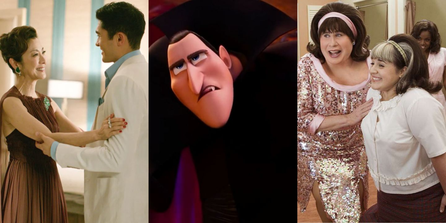 A split image of stills from Crazy Rich Asians, Hotel Transylvania, and Hairspray