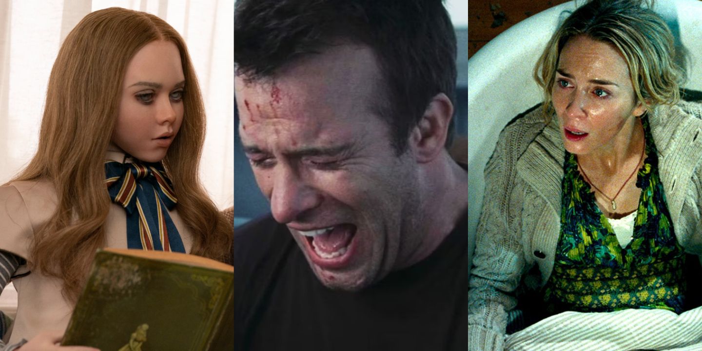 A split image of stills from M3GAN, The Mist, and A Quiet Place