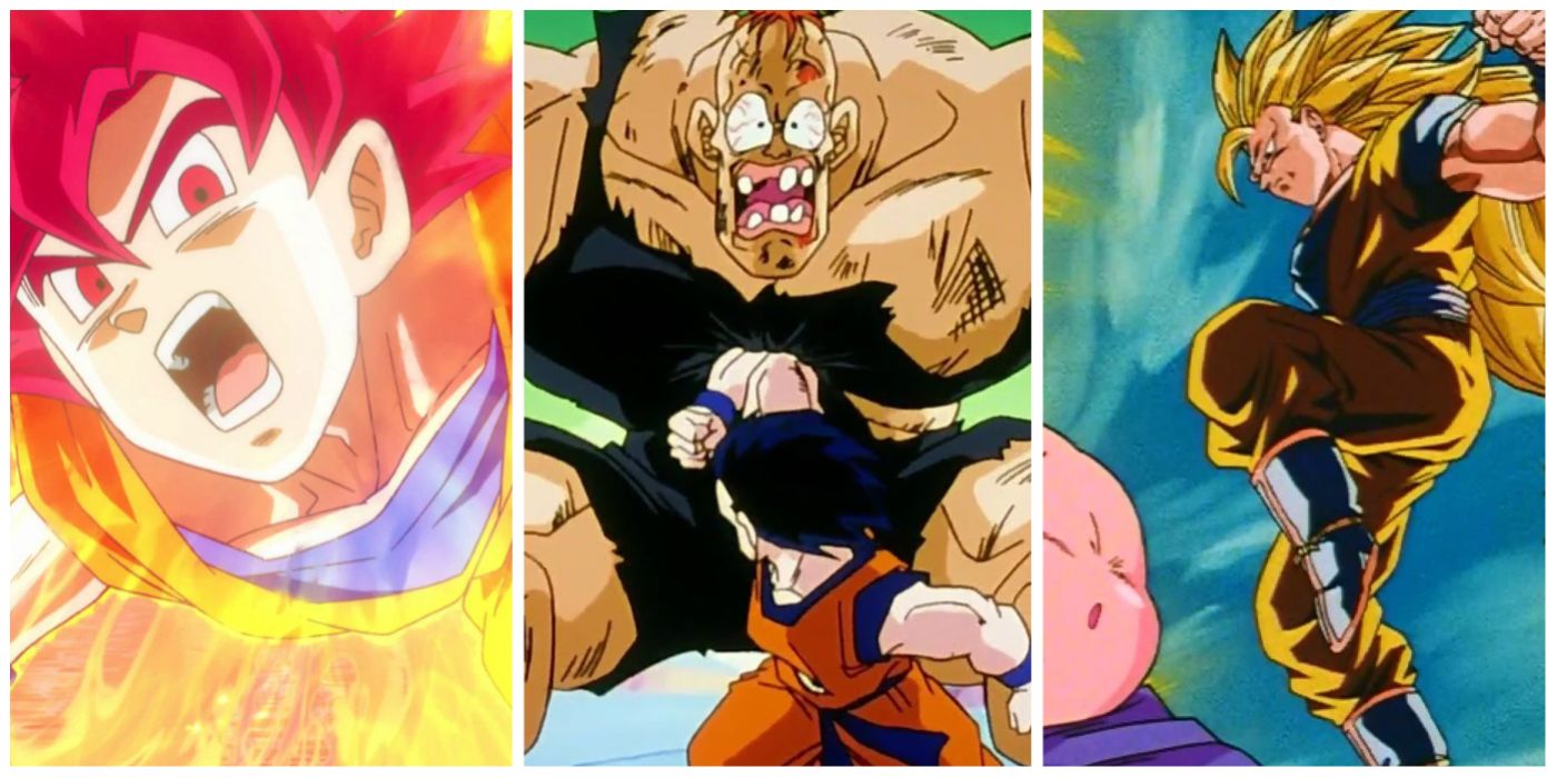 A split image of Super Saiyan God Goku, Recoome Defeat, and Super Saiyan 3 Goku from Dragon Ball