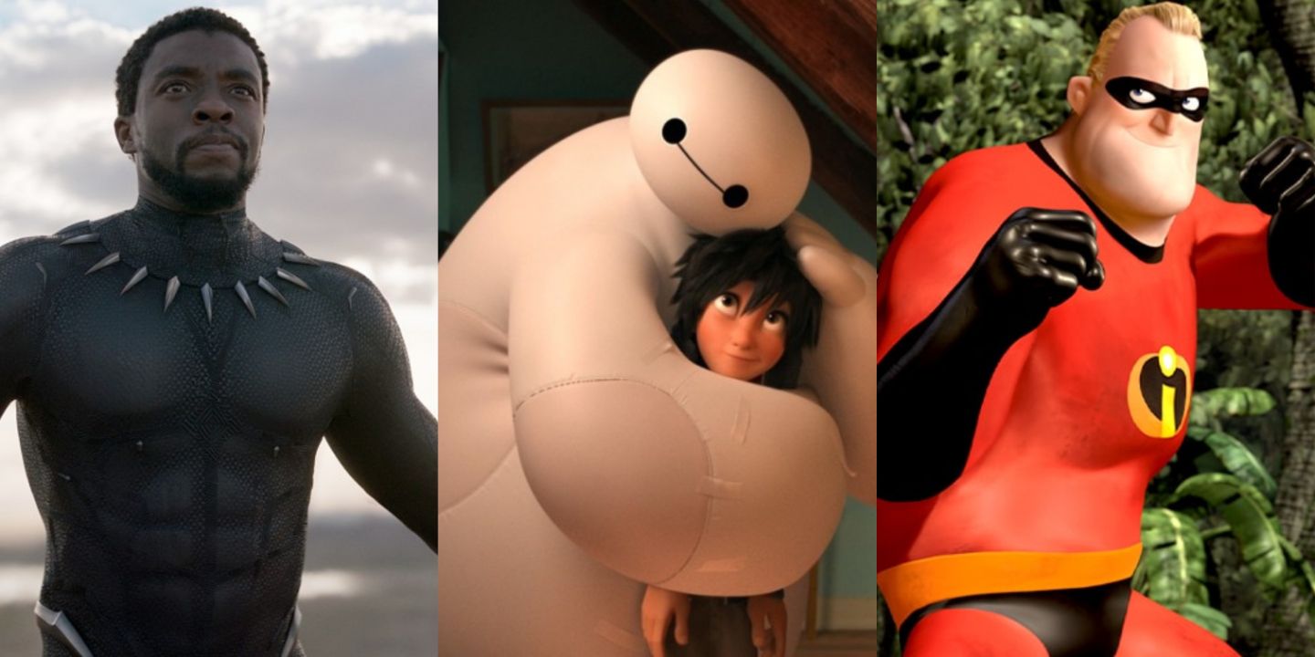 A split image of T'Challa in Black Panther, Baymax and Hiro in Big Hero 6, and Bob Parr in The Incredibles