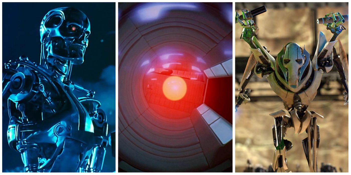 A split image of Terminator's T-1000, 2001's HAL 9000, and Star Wars' General Grievous