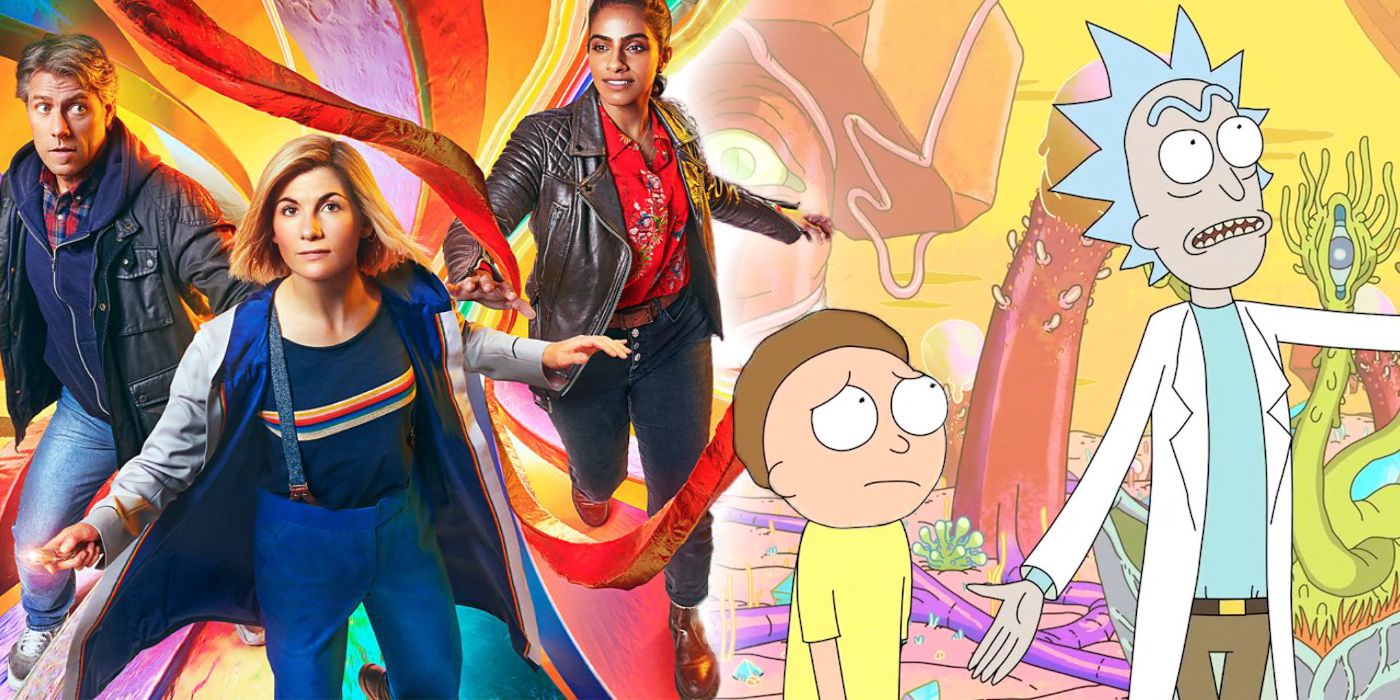 a split image of the thirteenth doctor with her companions and rick and morty