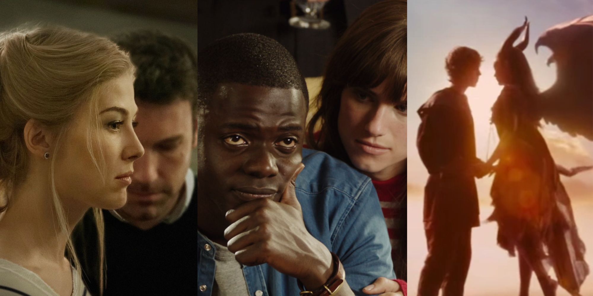 A split image of three couples all looking serious in Gone Girl, Get Out, and Maleficent