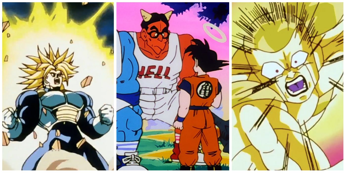 A split image of transformations, filler, and death in Dragon Ball