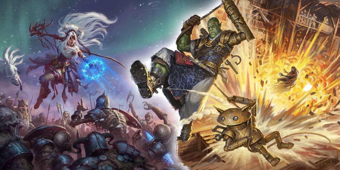 A split image of two pathfinder 2e adventure paths, one with a flying druid and one with an orc swinging on a rope to escape an explosion