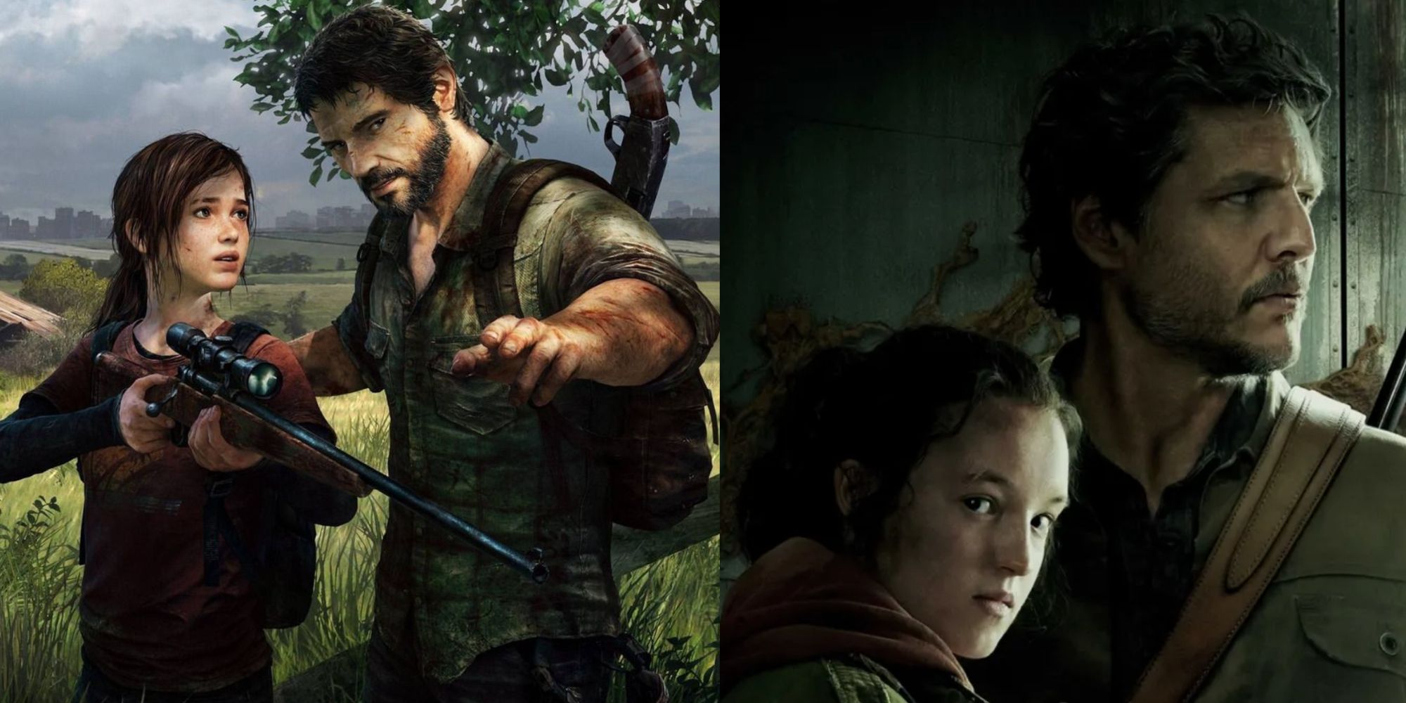 A split image of video game Joel and Ellie in a field and HBO Joel and Ellie in a dark room in The Last of Us