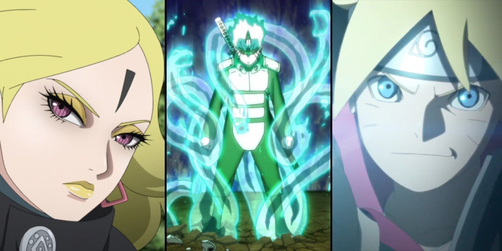 A split image of Delta, Mitsuki, and Boruto about to engage in a battle.