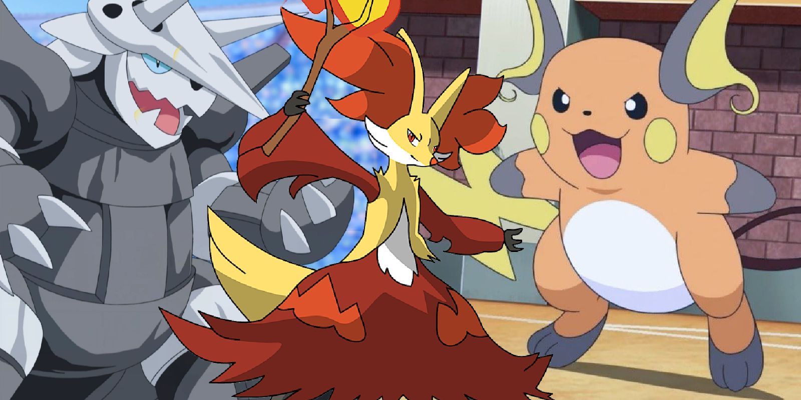 A split image of underrated Pokemon, including Aggron, Delphox and Raichu