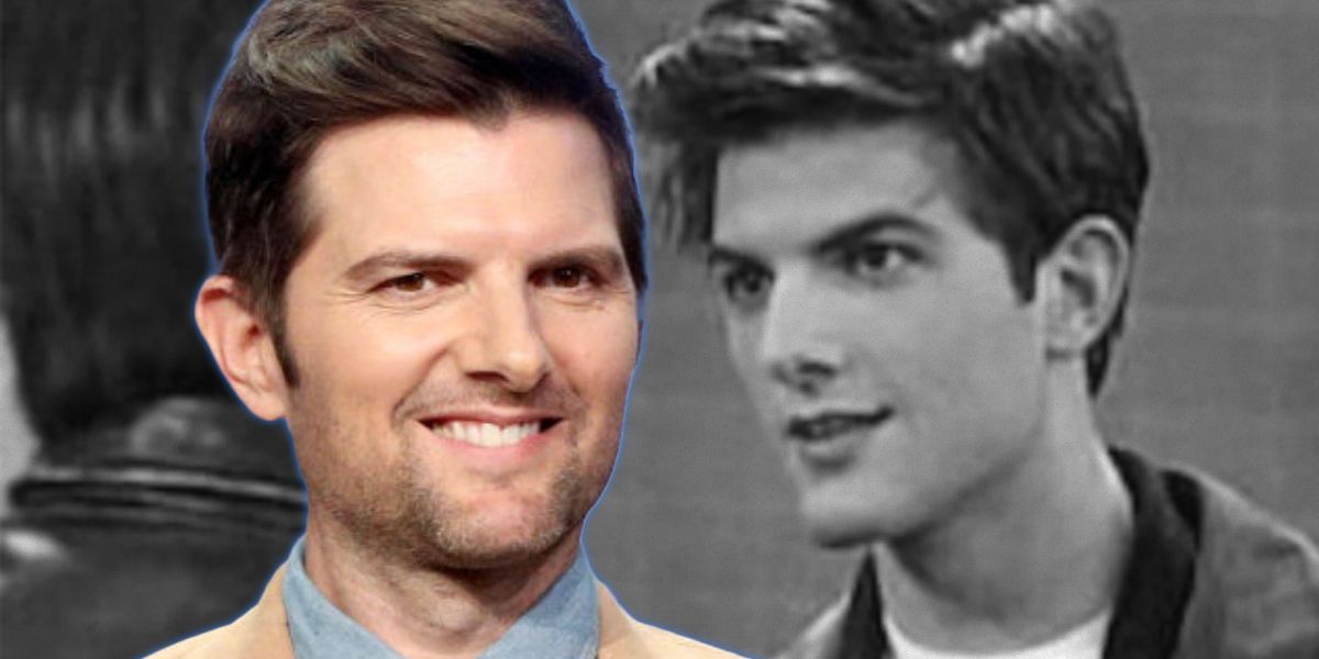 Modern Adam Scott smiling over black and white image of young him on Boy Meets World