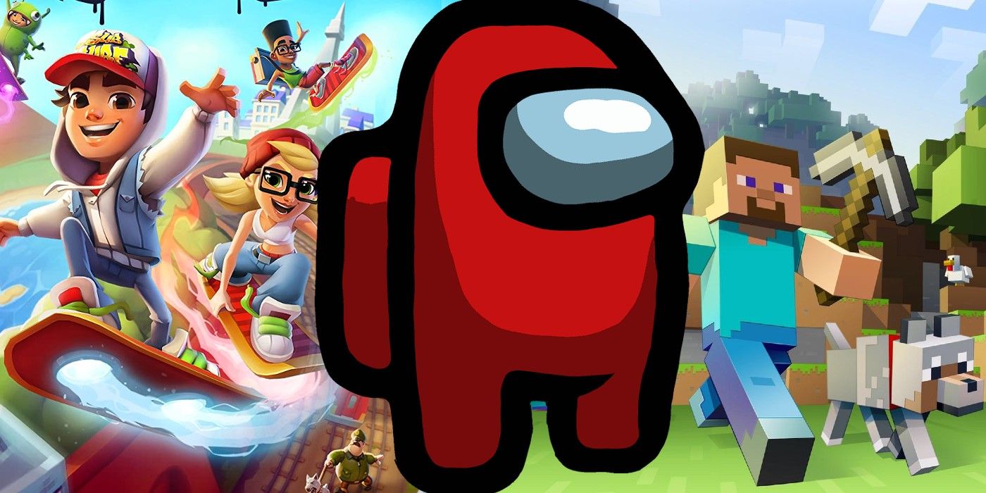 Addictive mobile games Subway Surfers, Among Us, and Minecraft
