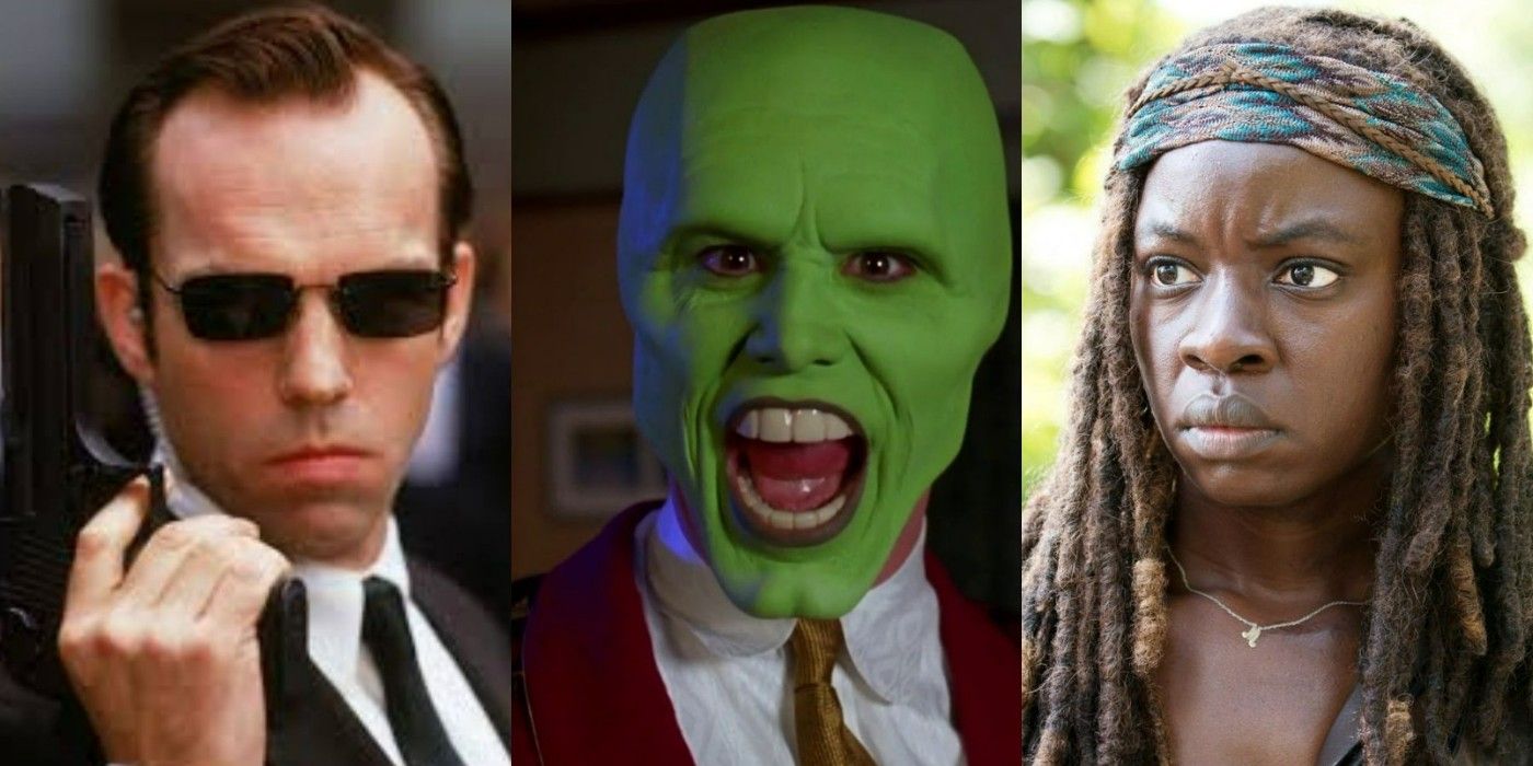A split image of Agent Smith from The Matrix, of the Mask from The Mask, and of Michonne from The Walking Dead