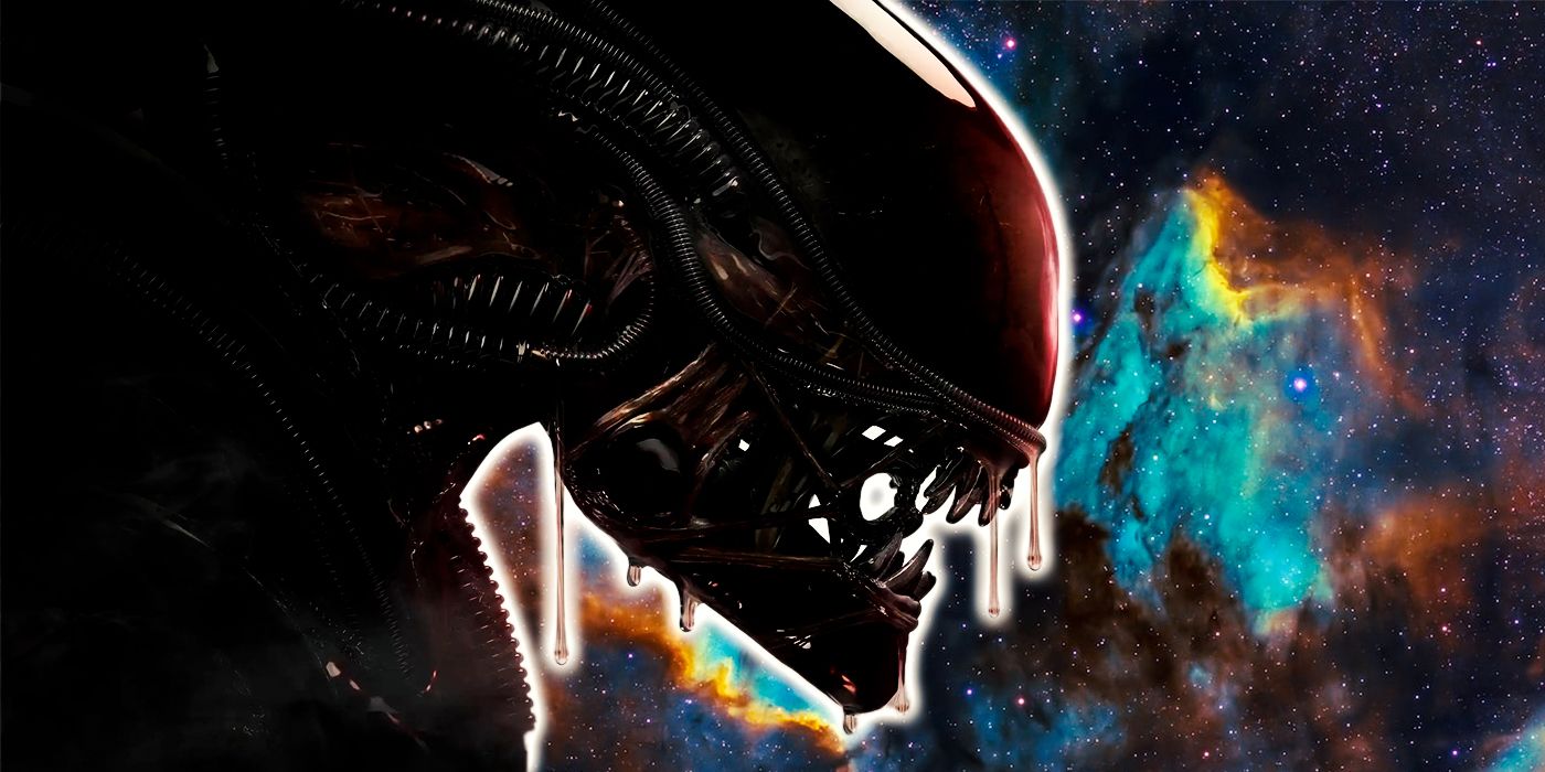 An image of a Xenomorph's head, imposed over an image of some nebulae.
