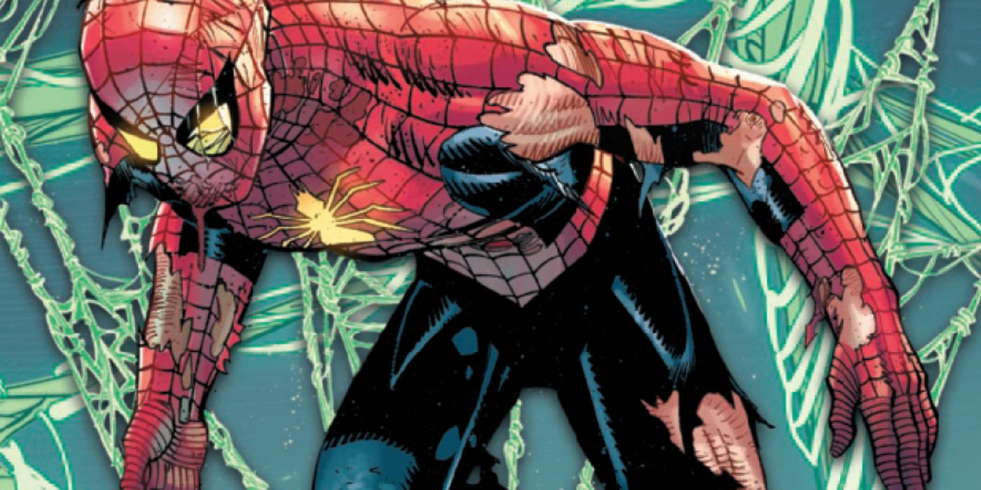 Spider-Man in a battle-damaged costume from the Dark Web event.