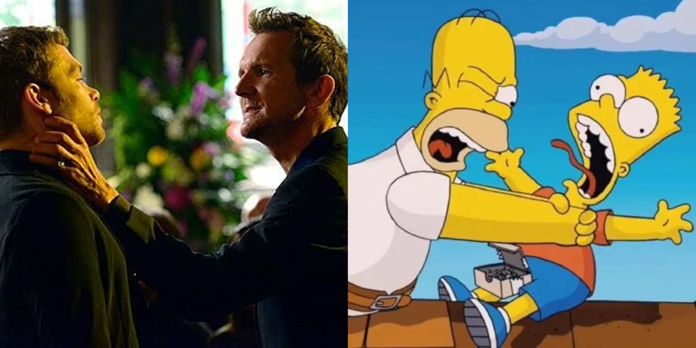 Mikael holding Klaus by the throat in The Vampire Diaries and Homer choking Bart in The Simpsons. 