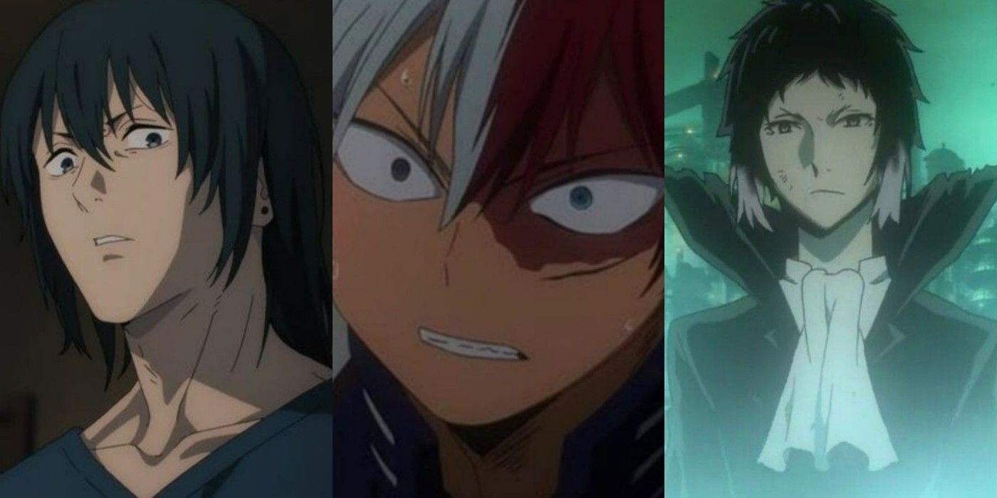 Split Image of anime characters Hayakawa Aki, Todoroki Shouto, and Akutagawa Ryuunoske