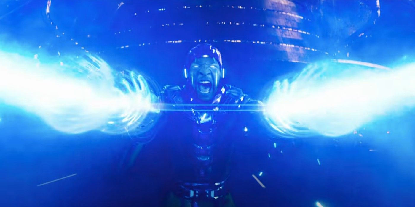 Kang screams and shoots blue energy out of his hands in Ant-Man and the Wasp: Quantumania