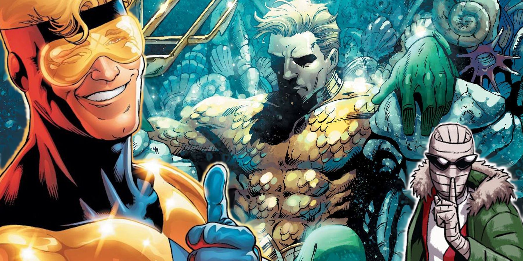 Booster Gold smiling with a thumbs up, Aquaman on his throne, with Negative Man putting one finger to his lips in a collage