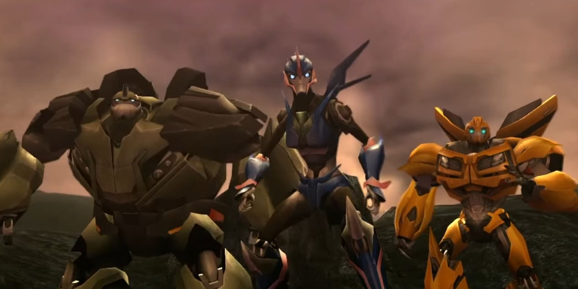 Arcee, Bumblebee, and Bulkhead together in Transformers Prime The Game